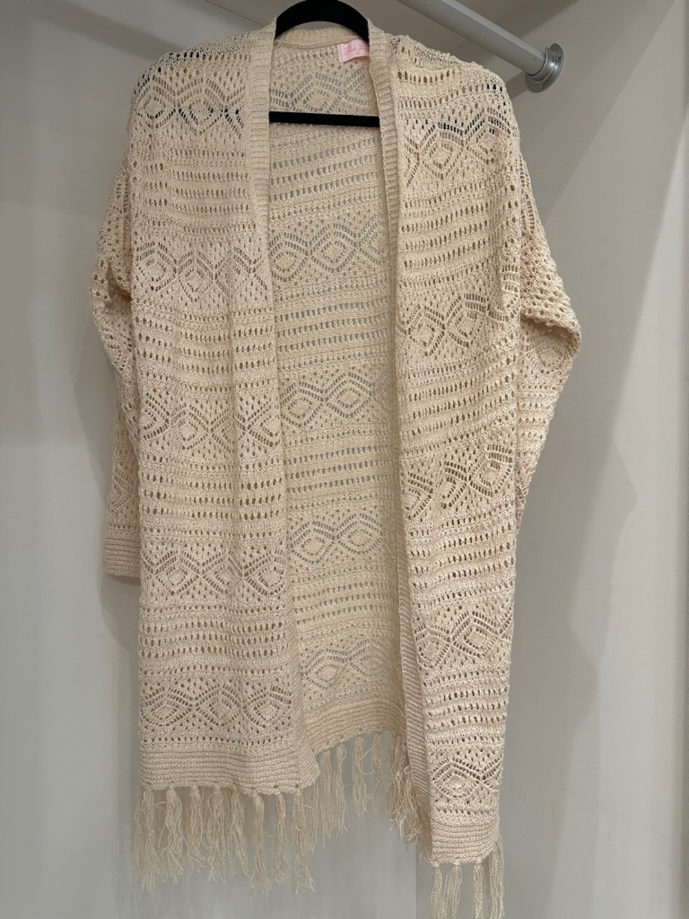 Pink Lily small Cream Open-Weave Fringe Cardigan. Like new